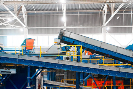 System of conveyors carrying trash at waste processing plantの写真素材