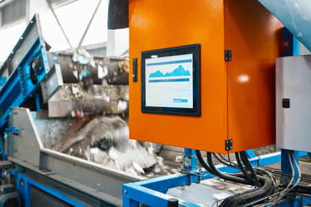 Control panel of production line in recycling plant workshop