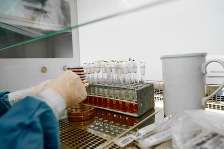 Laboratorian investigates sample in Petri dish at test tubes