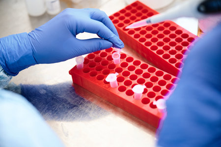 Technician works investigating analysis sample in test tubes