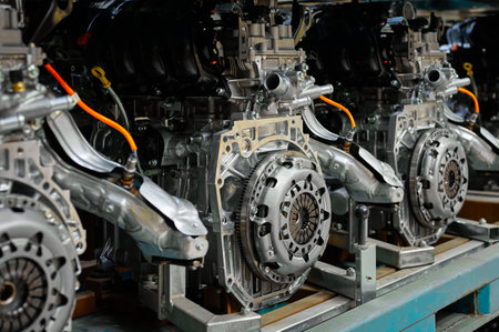 Car internal combustion engines stand on racks in warehouseの写真素材