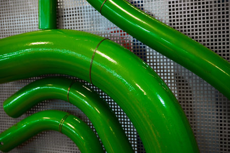 Metal pipe samples covered with green paint in storeの写真素材