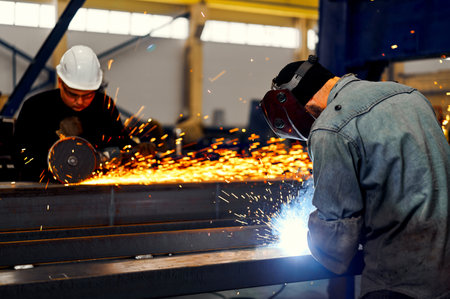 Worker with mask welds metal carcass parts in workshop