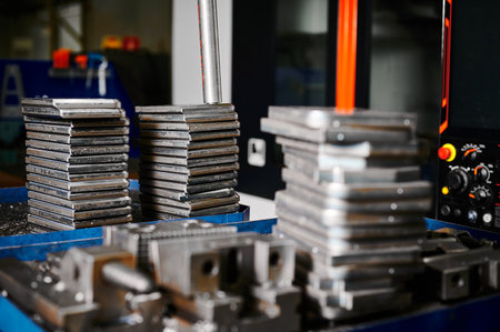 Stacks of silver metal plates on tray at production plantの写真素材