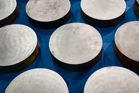 Cut round metal details on blue background closeupの写真素材