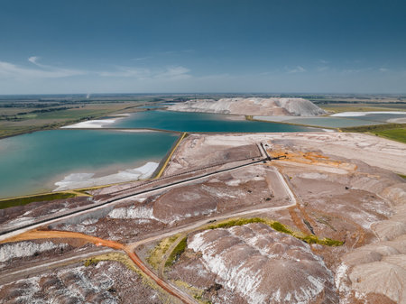 Sludge storage and huge dumps of potassium salt near waterの写真素材