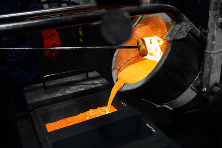Pouring red liquid silver from bucket in induction oven