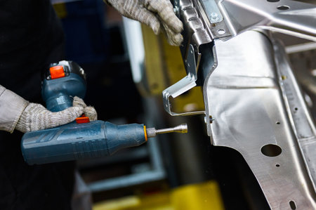Worker prepares to screw car body parts on workshop conveyor