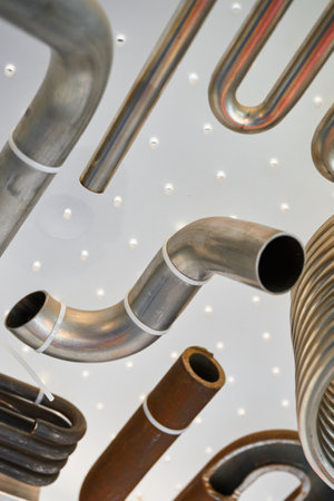 Various metal pipes on display in hardware store close viewの写真素材