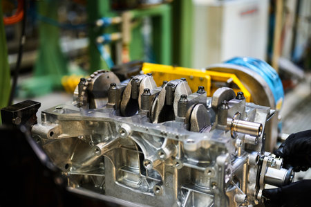 Cylinder block complete with crankshaft. Assembly line of internal combustion engines