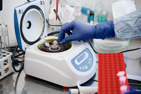 Technician puts test tube with sample into lab centrifugeの写真素材
