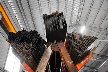 Square and rectangle tubing piles on rack in cold warehouse