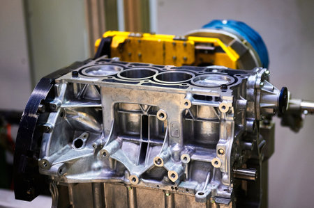 Engine cylinder block with installed pistons in workshop