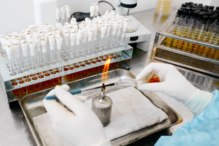 Lab specialist works on special project and disinfects toolsの写真素材