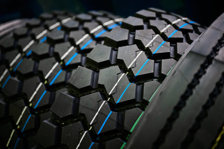 Tyres with white and blue markings after vulcanizationの写真素材