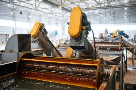 Waste plastic chopping machine operates in plant workshopの写真素材