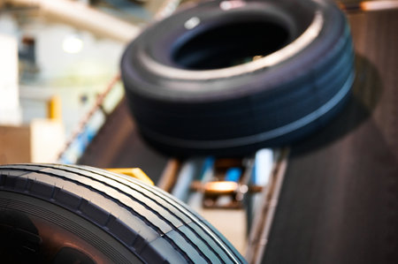 Stack of tires with markings red and yellow linesの写真素材