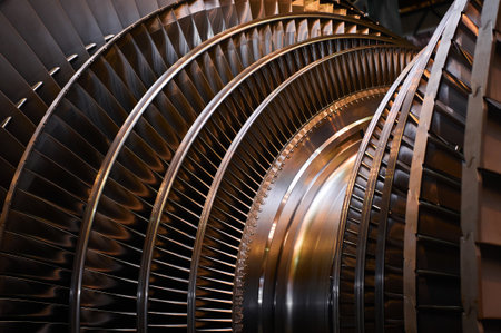 Golden rotor with blade rings of steam turbine in workshopの写真素材