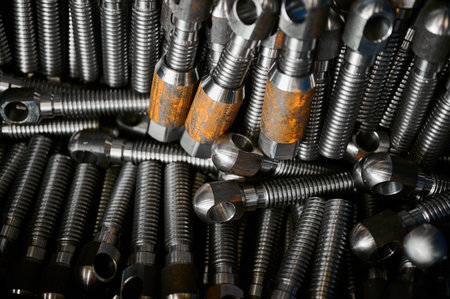 Large crank pins with nuts pile in warehouse macro view