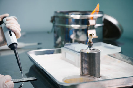 Lab specialist works with plastic slide and spirit lampの写真素材