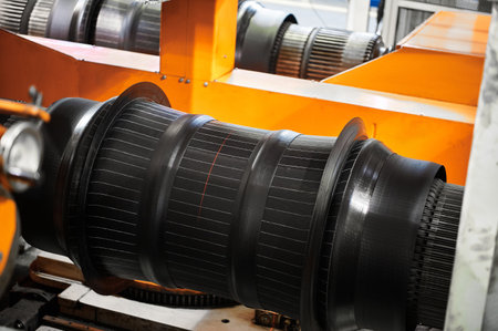 Rubber workpiece on shaft forming tire in factory workshopの写真素材