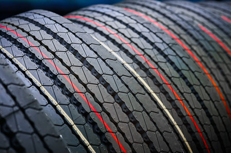 Stack of tires with markings red and yellow linesの写真素材