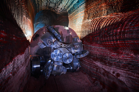 Mining machine cuts layers of mineral ore with saw in quarryの写真素材