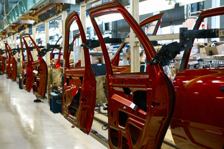 Car doors painted shiny red color in assembling workshopの写真素材