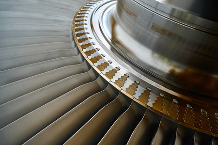 Shaft and blades of a powerful steam turbine. Elements for fastening the blades in the shaft socket.の写真素材