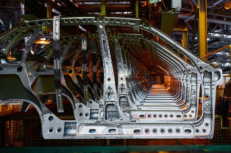 Passenger car carcass parts on assembling conveyor at plantの写真素材