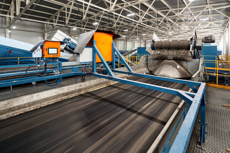 Conveyor belt transports sorted litter at recycling plantの写真素材