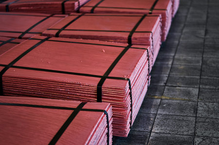 Piles of cathode copper plates at metal purification plantの写真素材