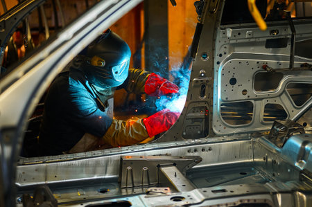 Worker in mask welds metal parts of auto carcass in shopの写真素材
