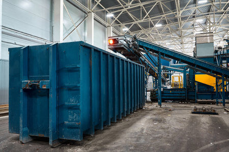 Large container and belt conveyors transporting garbageの写真素材
