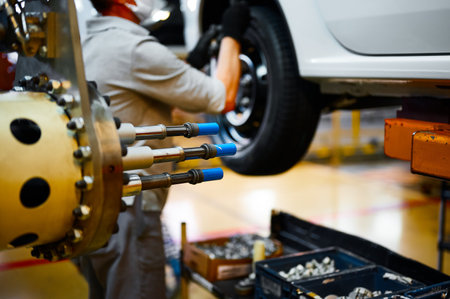 Screwing car wheel with automatic multi-axial spanner wrenchの写真素材