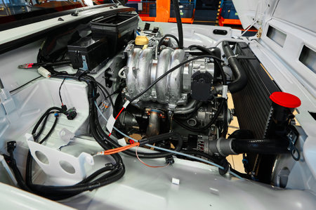 Open car compartment with different details in workshop