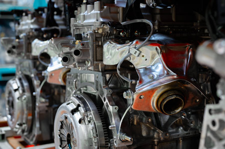Car internal combustion engine in production plant shopの写真素材