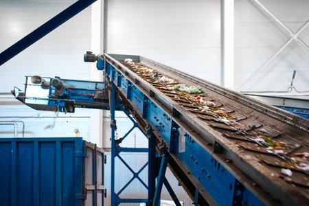 Conveyor belt transports sorted litter at recycling plantの写真素材