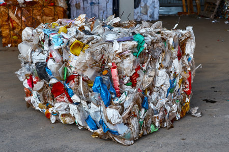 Block of pressed plastic bags at waste recycling plantの写真素材