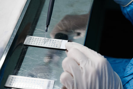 Laboratory assistant works with plastic slide for exploring