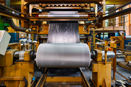 Rolling reinforced sheet on reel drum with rubber bandの写真素材