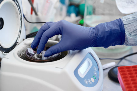 Technician puts test tube with sample into lab centrifuge