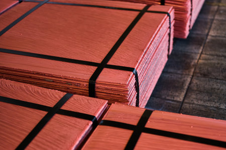 Piles of cathode copper plates at metal purification plantの写真素材