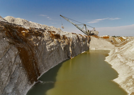 Pit with water and walking dragline working at chalk quarryの写真素材