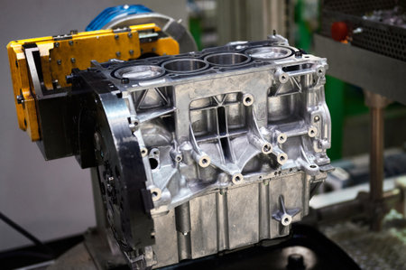 Engine cylinder block with installed pistons in workshop