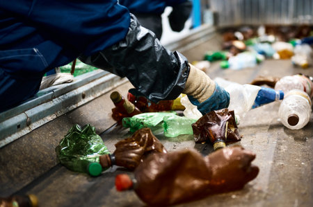 Worker sorts trash on conveyor belt at waste recycling plantの写真素材