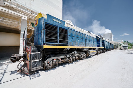 Locomotive moves cars across territory of silica plant