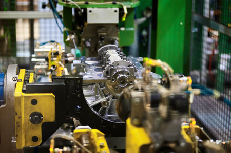 Illuminated car engine on test stand in production plant shopの写真素材