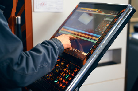 Operator uses the LCD touch screen to control adjust parameter of CNC latheの写真素材