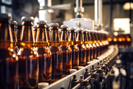 beer factory brown glass bottles on the conveyorの素材